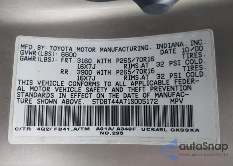 2001 Toyota Sequoia Sr5 from USA, damaged, VIN 5TDBT44A71S005172